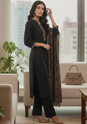 Black Solid Cotton Kurta Set