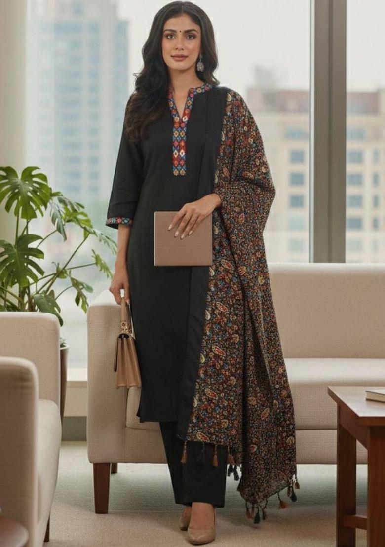 Black Solid Cotton Kurta Set - Indya