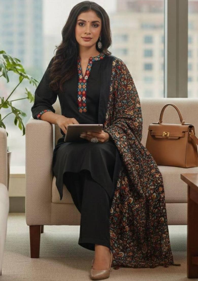 Black Solid Cotton Kurta Set - Indya