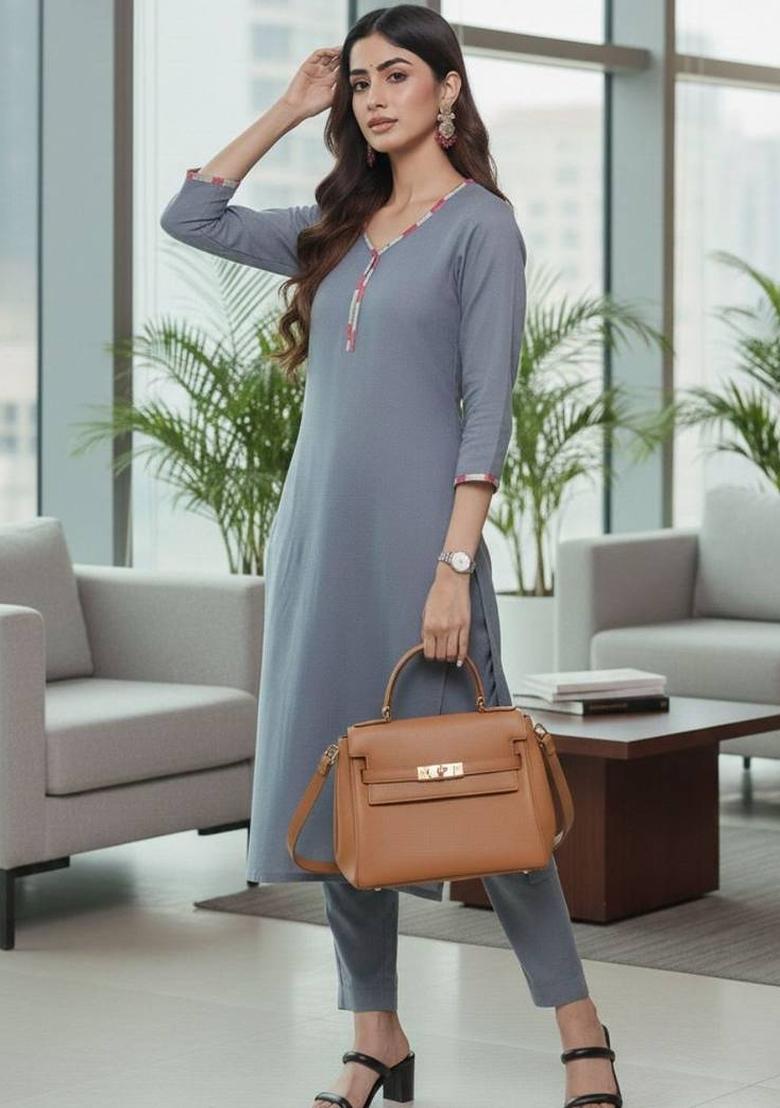 Grey Solid Cotton Kurta Set - Indya