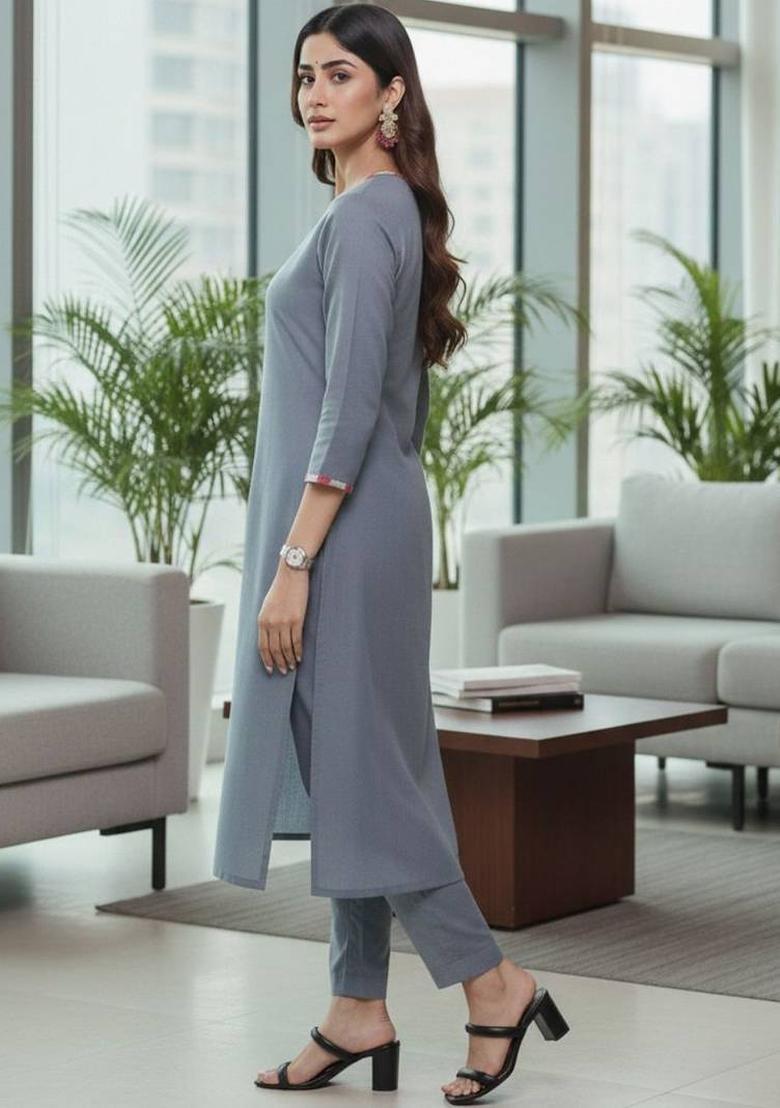 Grey Solid Cotton Kurta Set - Indya