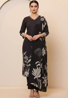 Black Floral Print Cotton Kurta Set