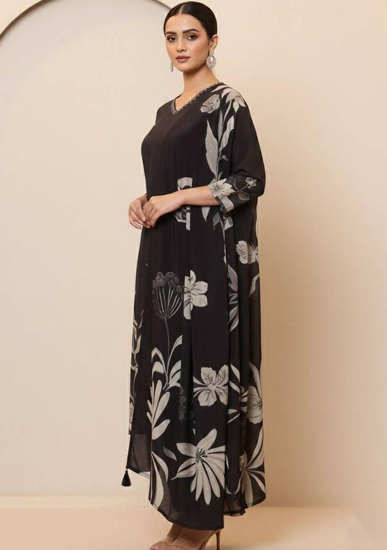 Black Floral Print Cotton Kurta Set - Indya