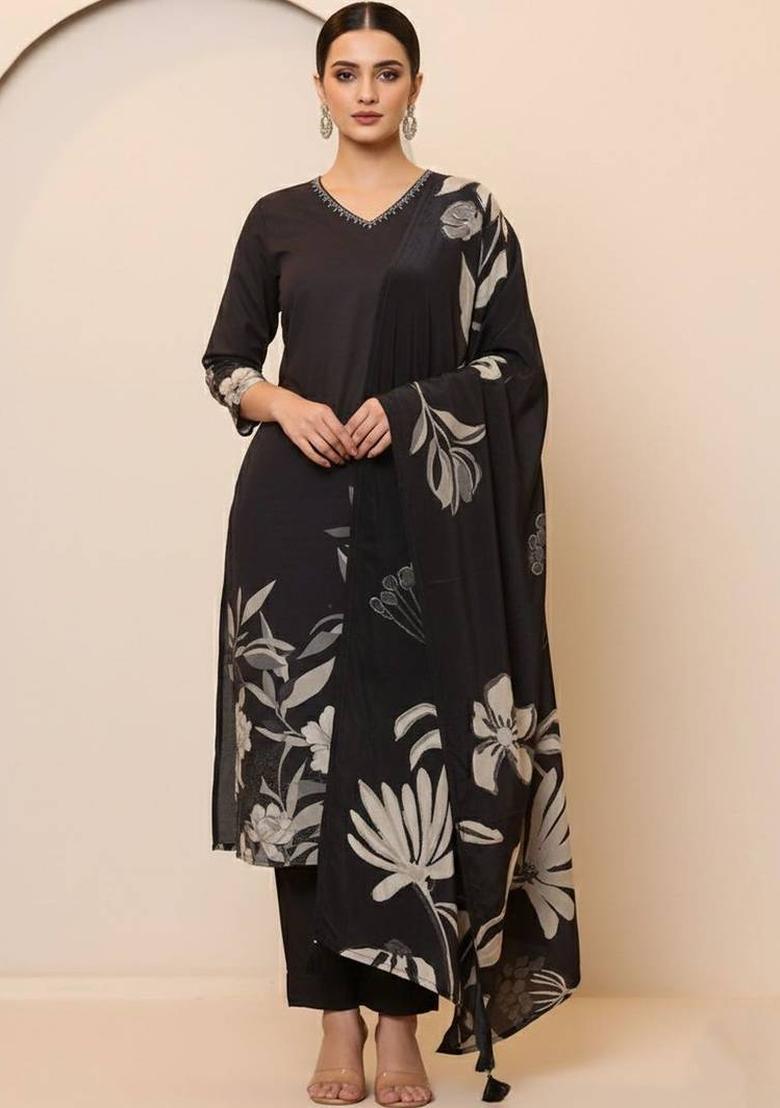 Black Floral Print Cotton Kurta Set - Indya