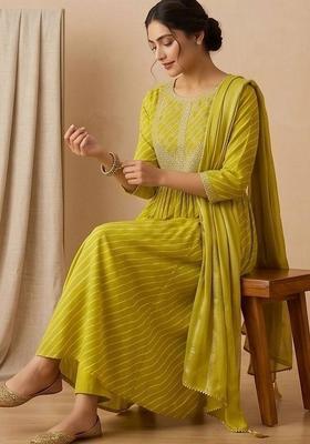 Lime Green Floral Print Georgette Kurta Set