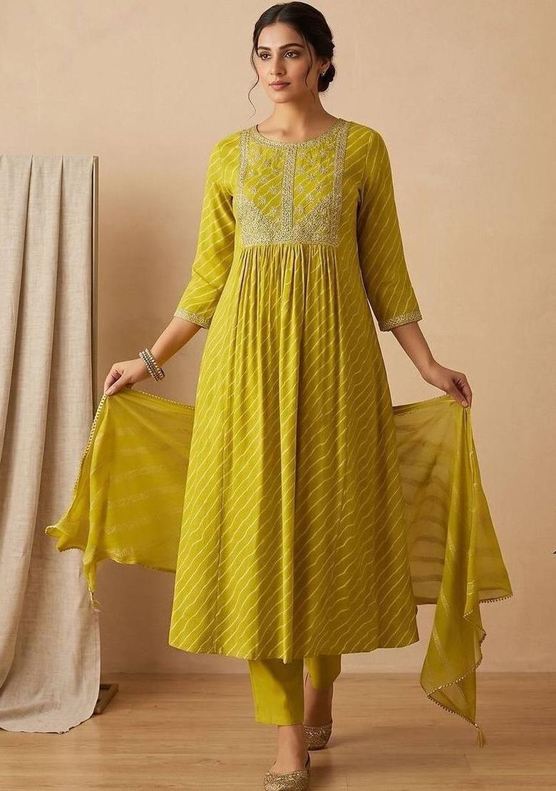 Lime Green Floral Print Georgette Kurta Set - Indya
