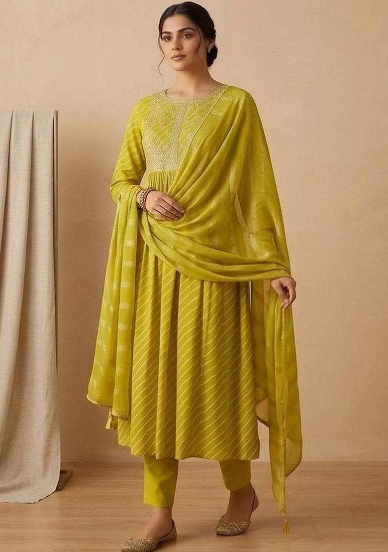 Lime Green Floral Print Georgette Kurta Set - Indya