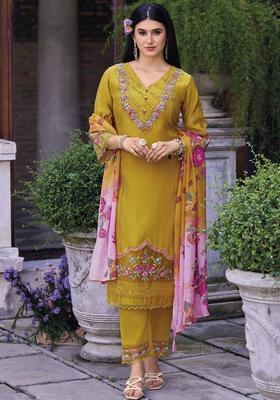 Mustard Embroidery Cotton Kurta Set