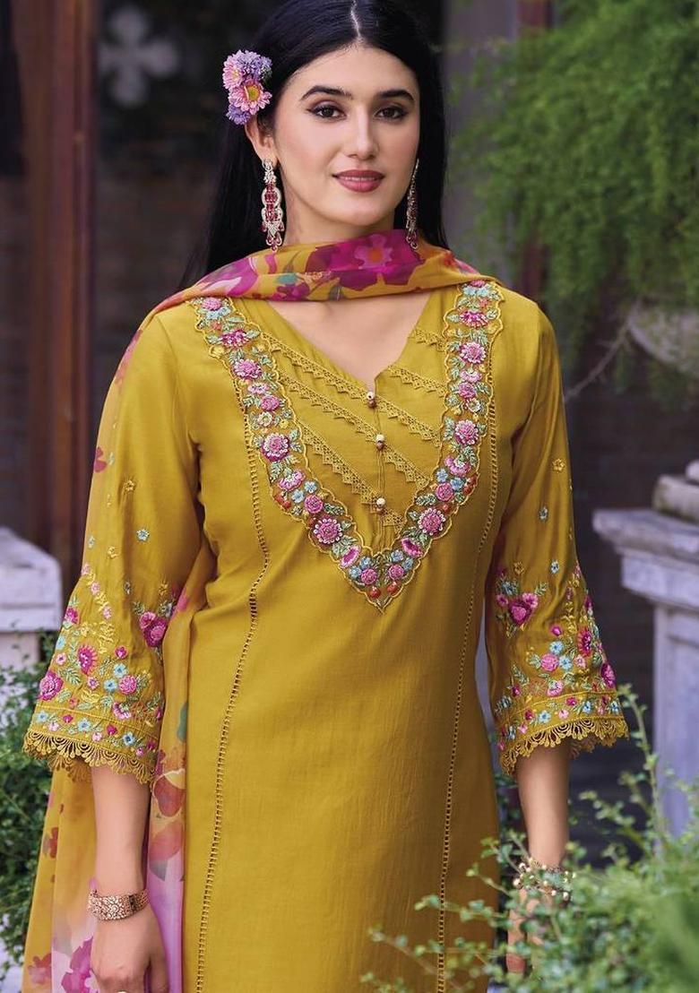 Mustard Embroidery Cotton Kurta Set - Indya