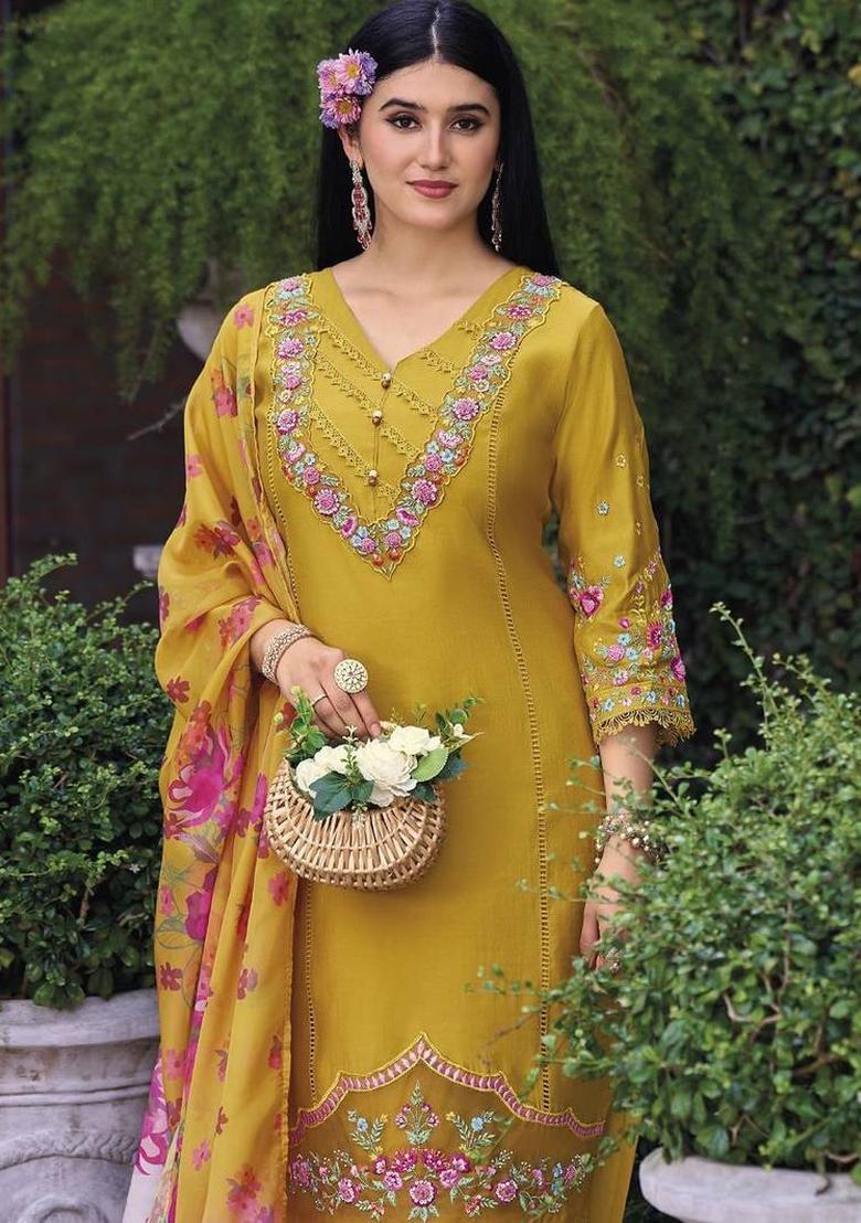 Mustard Embroidery Cotton Kurta Set - Indya