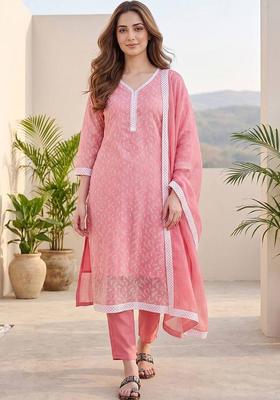 Pink Floral Print Cotton Kurta Set
