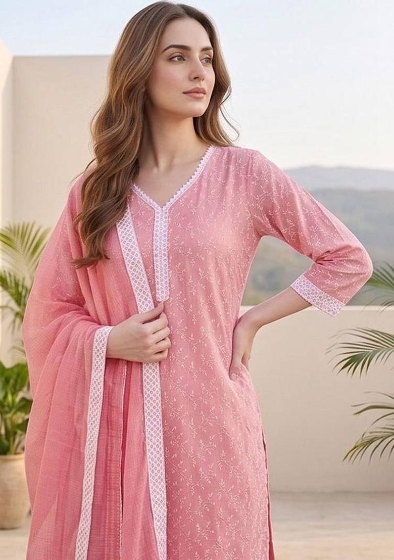 Pink Floral Print Cotton Kurta Set - Indya