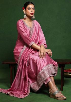 Pink Embroidery Silk Kurta Set