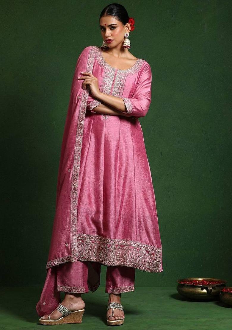 Pink Embroidery Silk Kurta Set - Indya