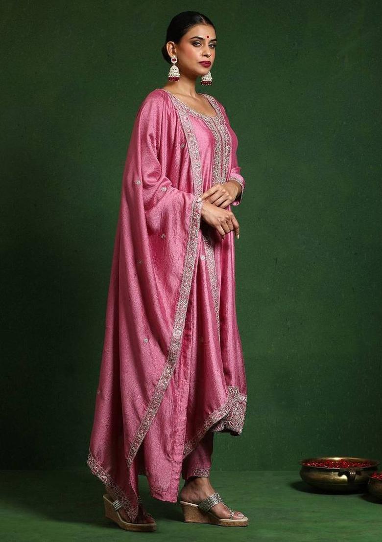 Pink Embroidery Silk Kurta Set - Indya