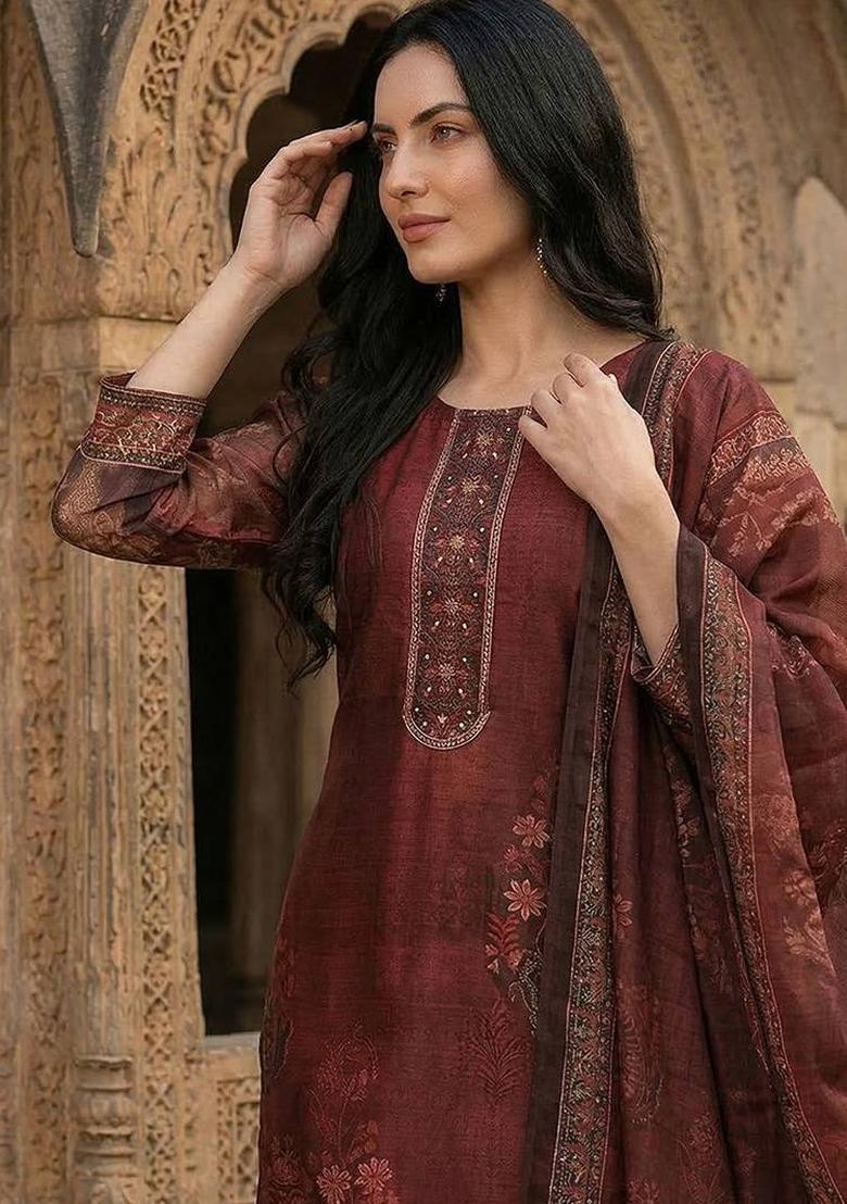 Maroon Solid Silk Kurta Set - Indya
