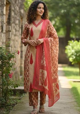 Beige Floral Print Cotton Kurta Set