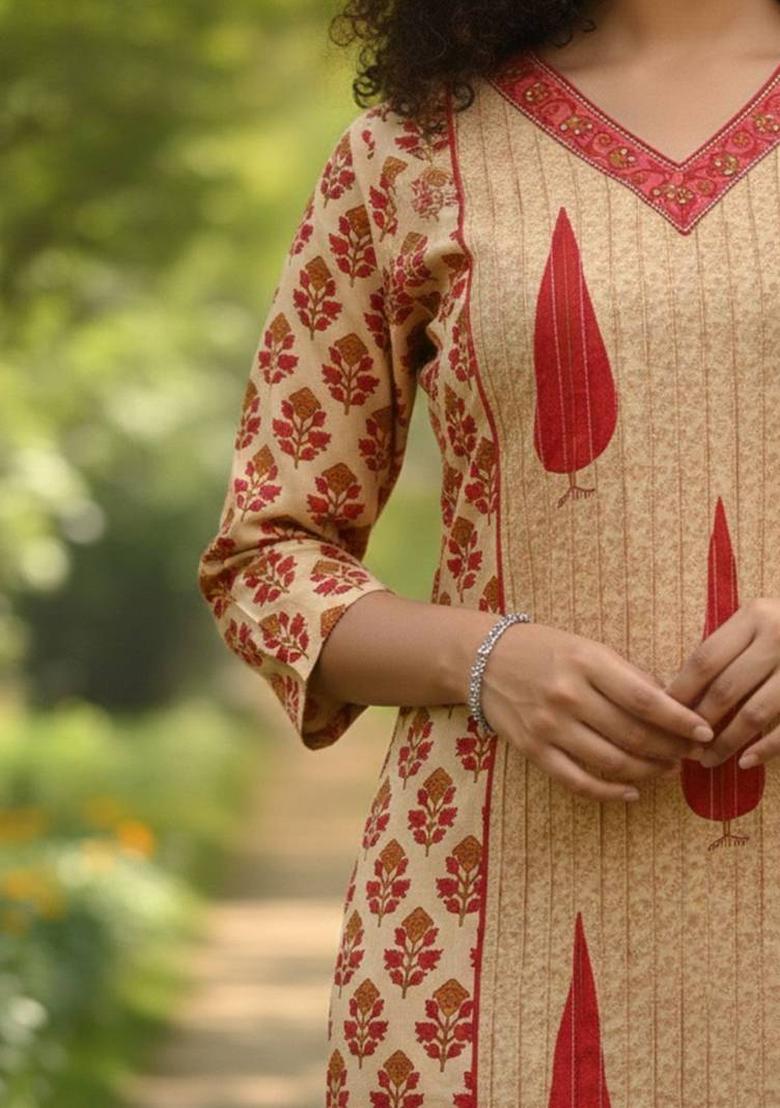 Beige Floral Print Cotton Kurta Set - Indya