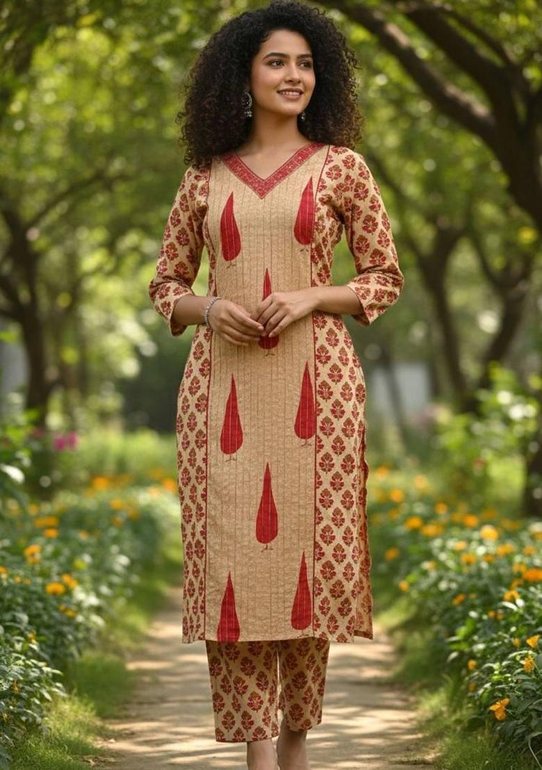 Beige Floral Print Cotton Kurta Set - Indya