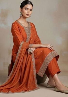 Orange Embroidery Silk Kurta Set