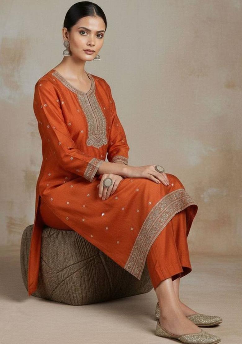 Orange Embroidery Silk Kurta Set - Indya