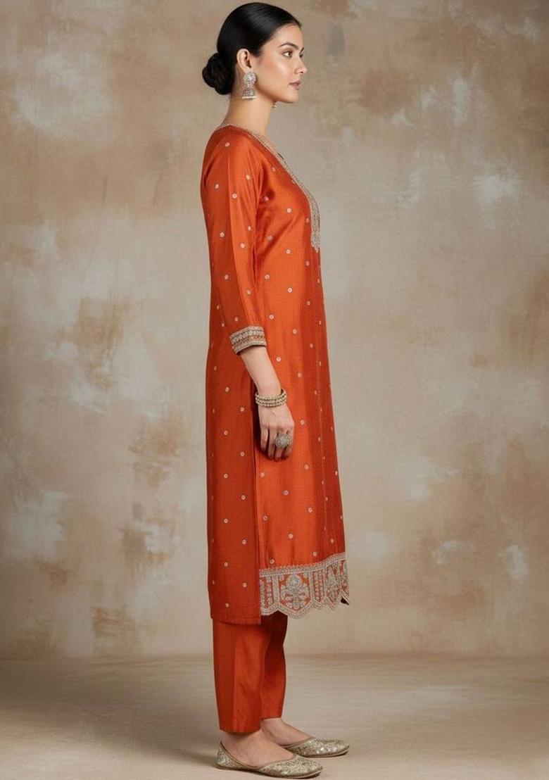 Orange Embroidery Silk Kurta Set - Indya