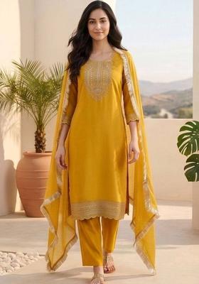 Yellow Embroidery Silk Kurta Set