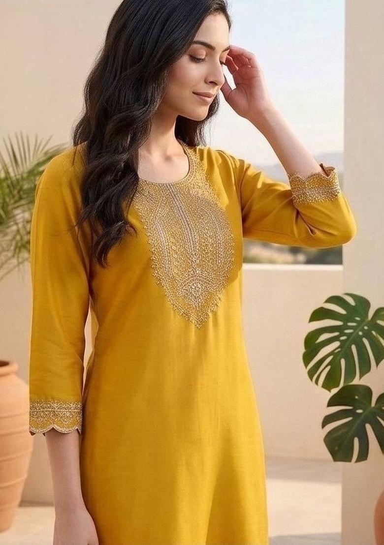 Yellow Embroidery Silk Kurta Set - Indya