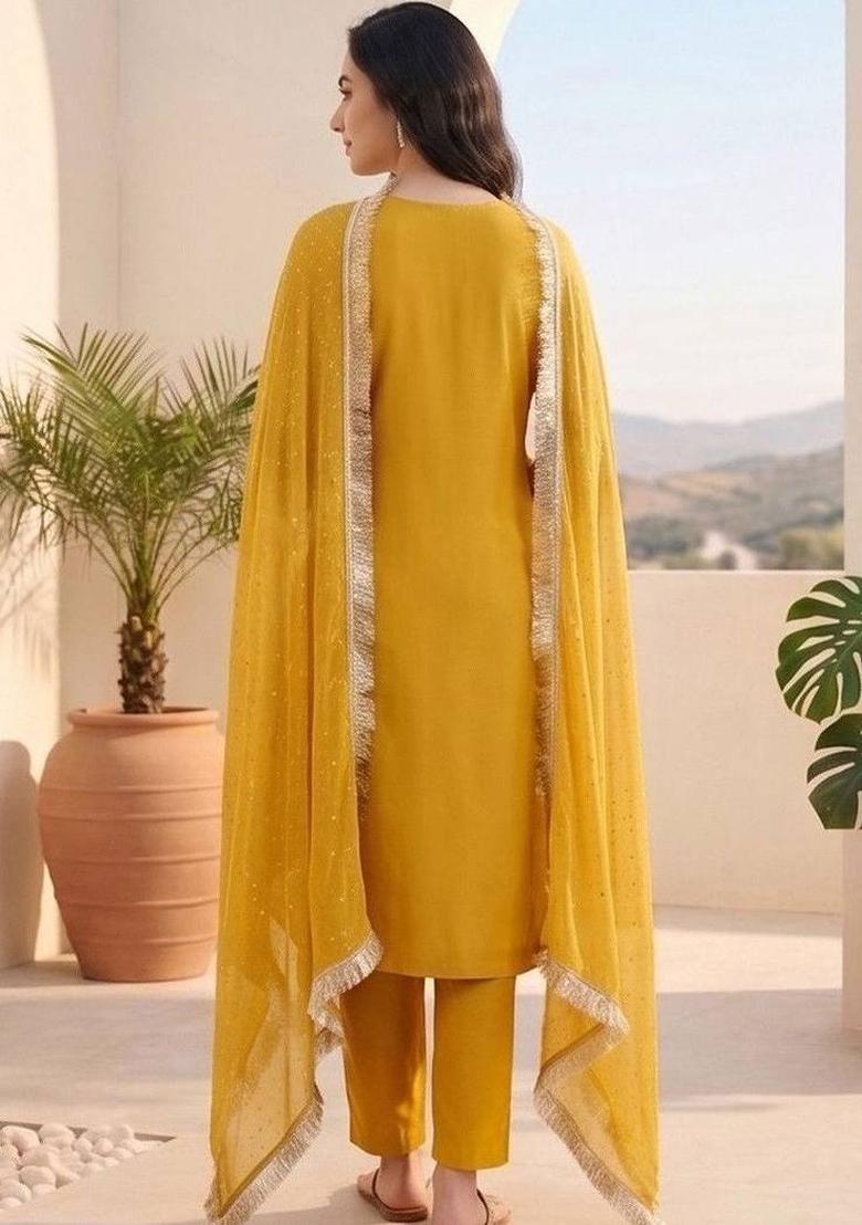 Yellow Embroidery Silk Kurta Set - Indya