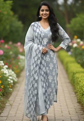 Grey Floral Print Cotton Kurta Set