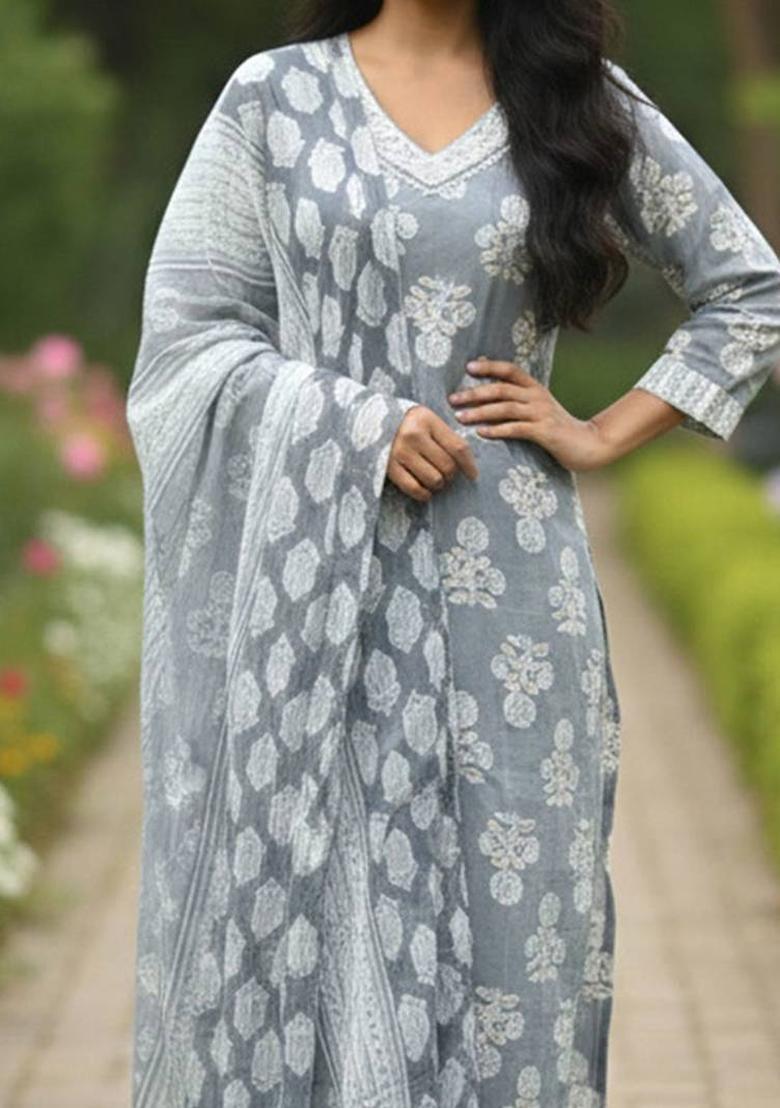 Grey Floral Print Cotton Kurta Set - Indya