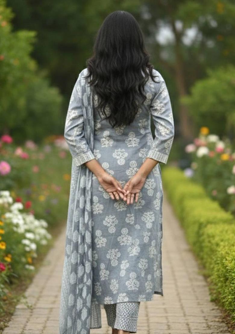 Grey Floral Print Cotton Kurta Set - Indya