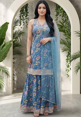 Blue Floral Print Cotton Kurta Set