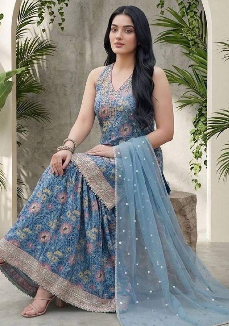 Blue Floral Print Cotton Kurta Set - Indya