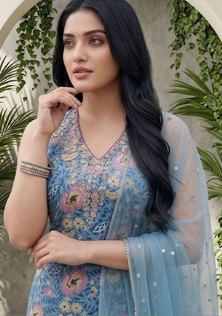 Blue Floral Print Cotton Kurta Set - Indya