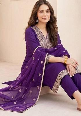 Purple Embroidery Silk Kurta Set