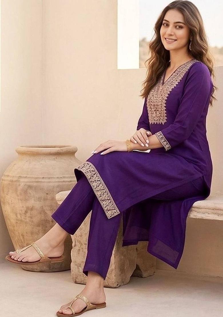 Purple Embroidery Silk Kurta Set - Indya