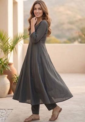 Charcoal Thread Work Cotton Kurta Set