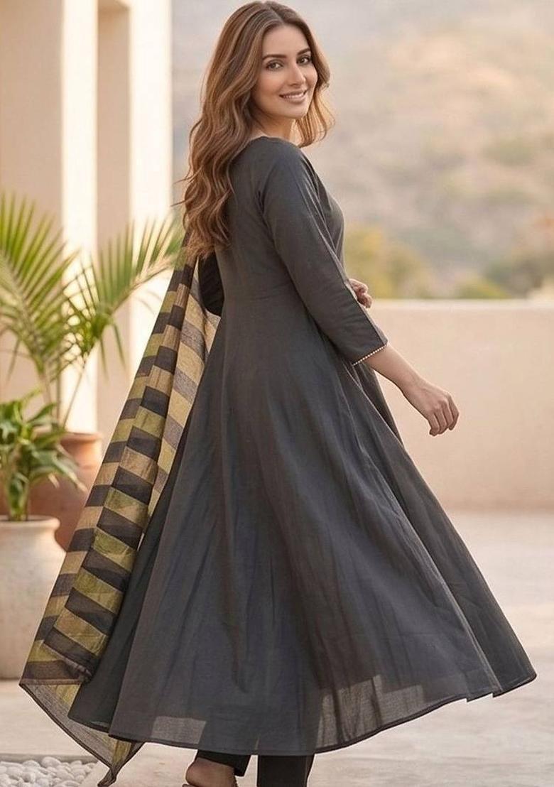 Charcoal Thread Work Cotton Kurta Set - Indya