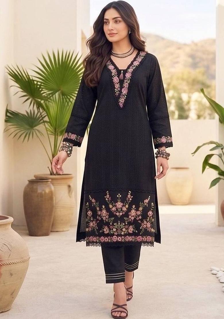 Black Embroidery Cotton Kurta Set - Indya