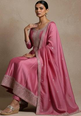 Pink Thread Work Silk Kurta Set