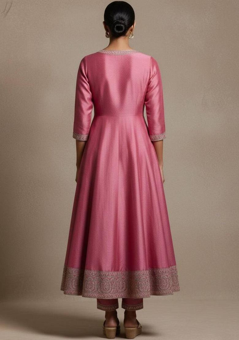 Pink Thread Work Silk Kurta Set - Indya