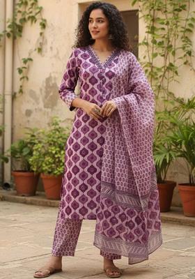 Purple Floral Print Cotton Kurta Set