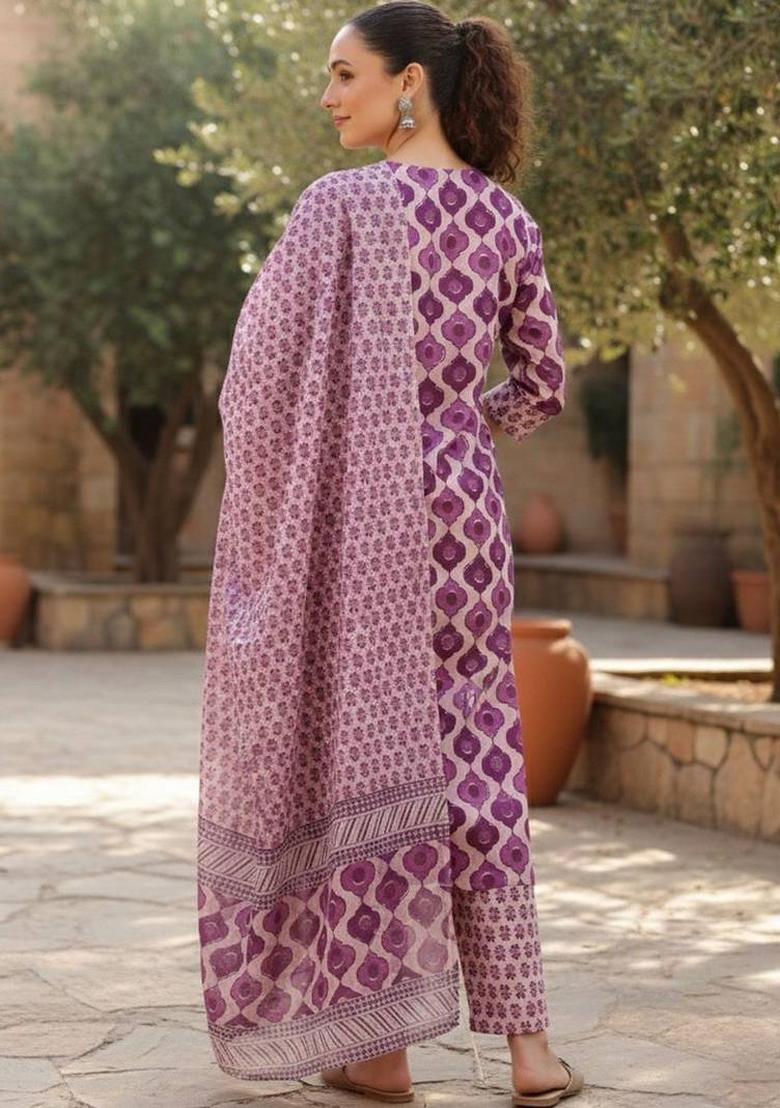 Purple Floral Print Cotton Kurta Set - Indya