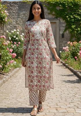 Pink Floral Print Cotton Kurta Set