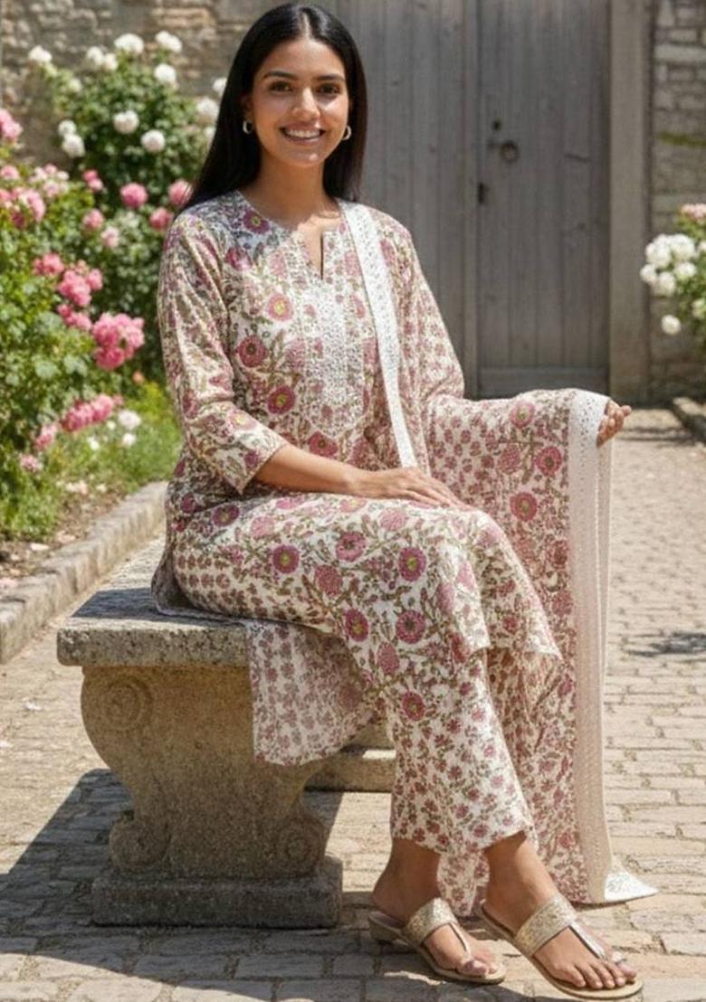 Pink Floral Print Cotton Kurta Set - Indya