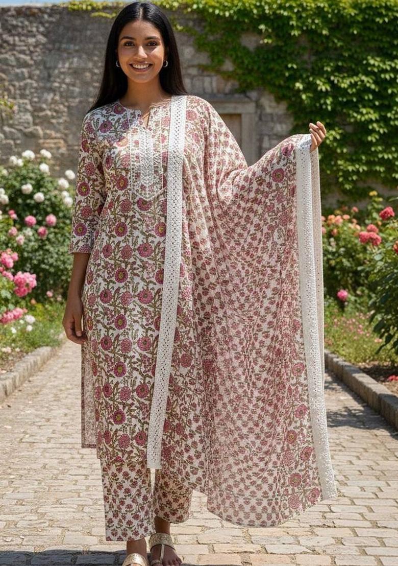 Pink Floral Print Cotton Kurta Set - Indya
