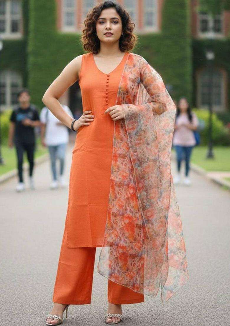 Orange Solid Cotton Kurta Set - Indya