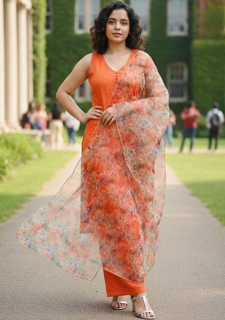 Orange Solid Cotton Kurta Set - Indya