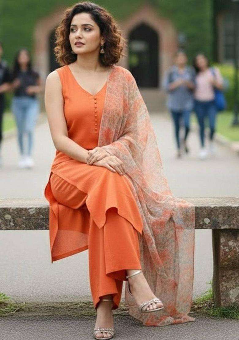 Orange Solid Cotton Kurta Set - Indya